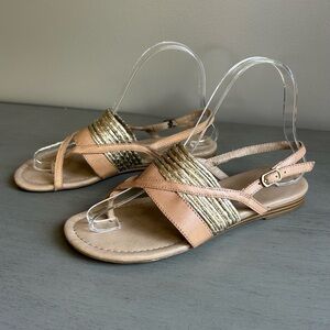 Franco Sarto Women Thong Slingback Sandals Size 6 Tan Gold Neutral Leather Flat